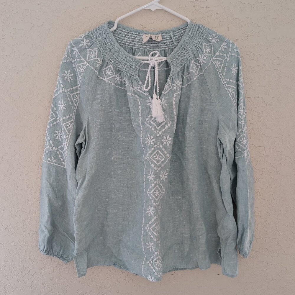 Joie 100% Linen Long Sleeved Blouse Fringe Tie Embroidered Size M Boho